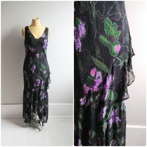 Large Vintage 1990s Floral Ruffle Bias Cut Dress F